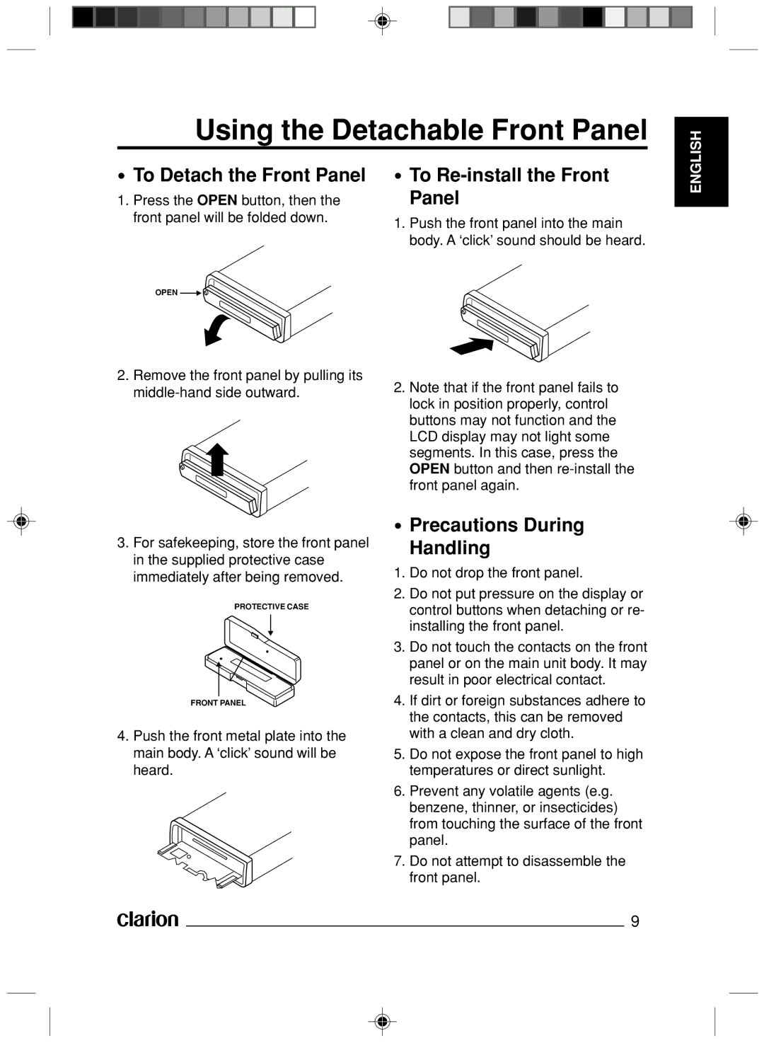 Clarion VS738 owner manual Using the Detachable Front Panel, To Detach the Front Panel To Re-install the Front 