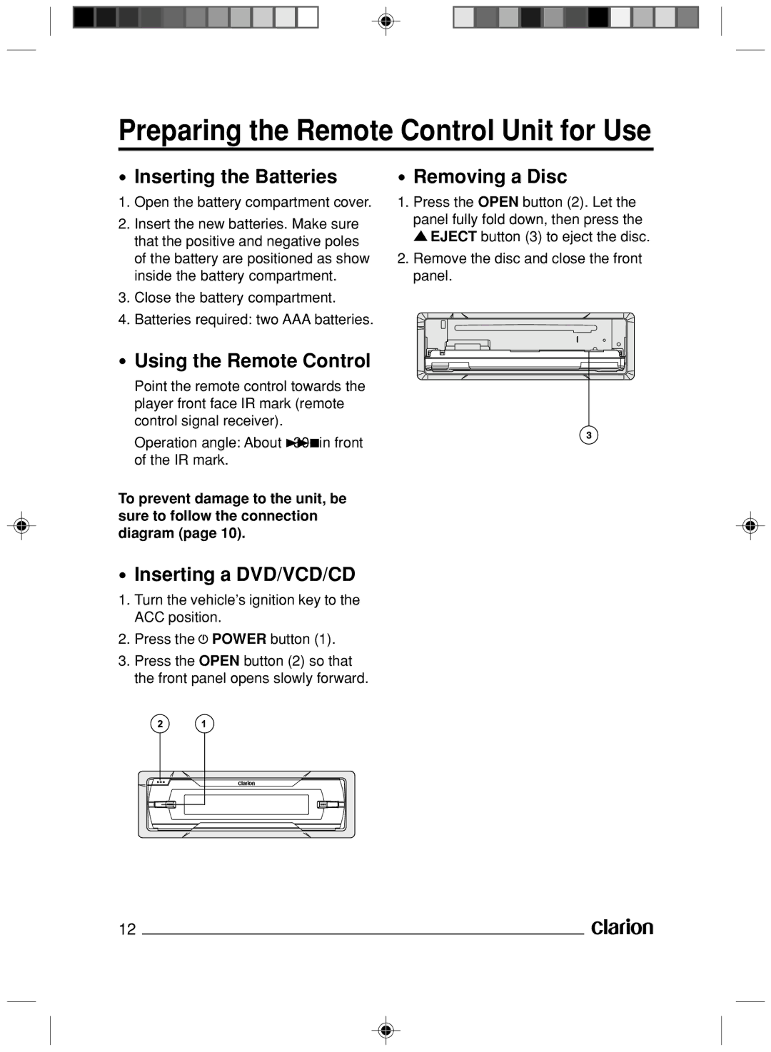 Clarion VS738 owner manual Preparing the Remote Control Unit for Use, Inserting the Batteries, Using the Remote Control 