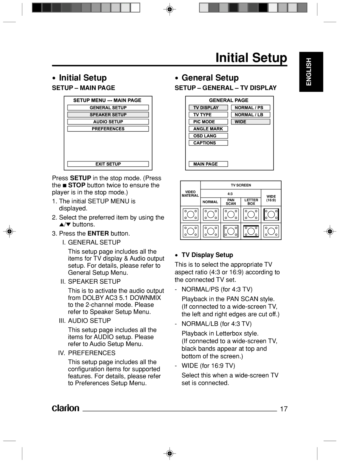 Clarion VS738 owner manual Initial Setup General Setup, Setup Main Setup General TV Display, TV Display Setup 