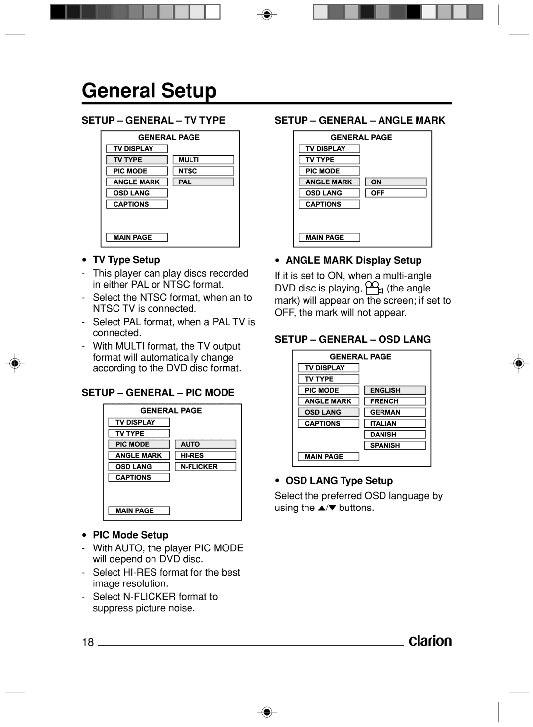 Clarion VS738 owner manual General Setup, Setup General TV Type, Setup General PIC Mode, Setup General Angle Mark 