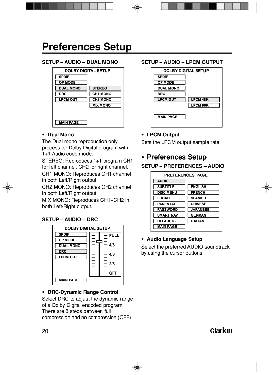 Clarion VS738 owner manual Preferences Setup 