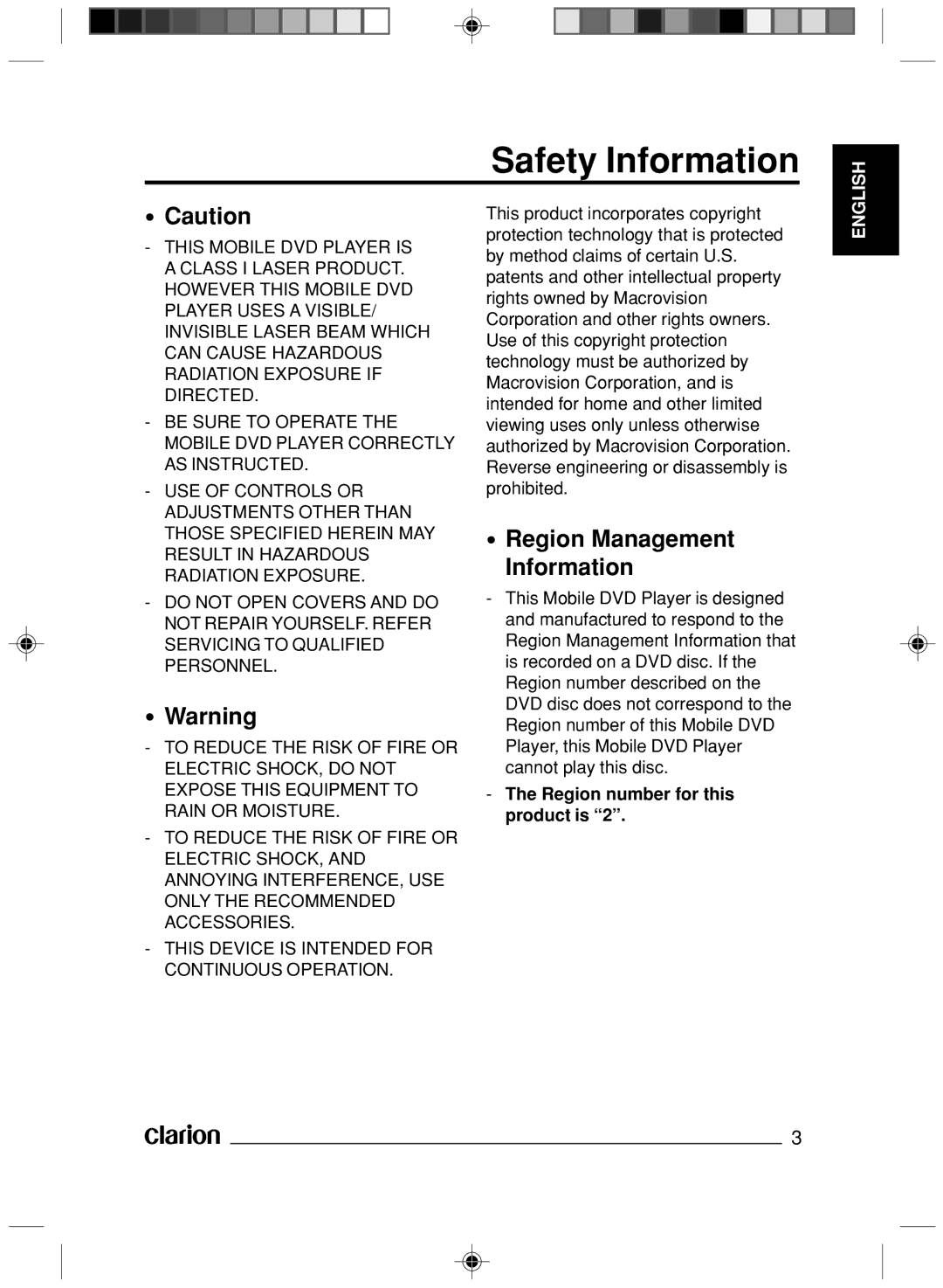 Clarion VS738 owner manual Safety Information, Region Management Information, Region number for this product is 