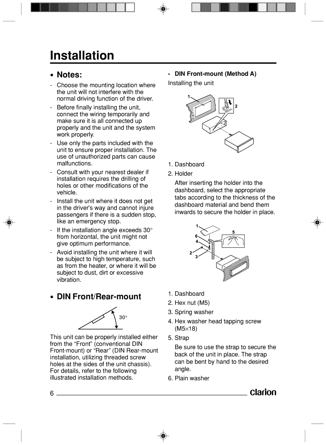Clarion VS738 owner manual Installation, DIN Front/Rear-mount, DIN Front-mount Method a 