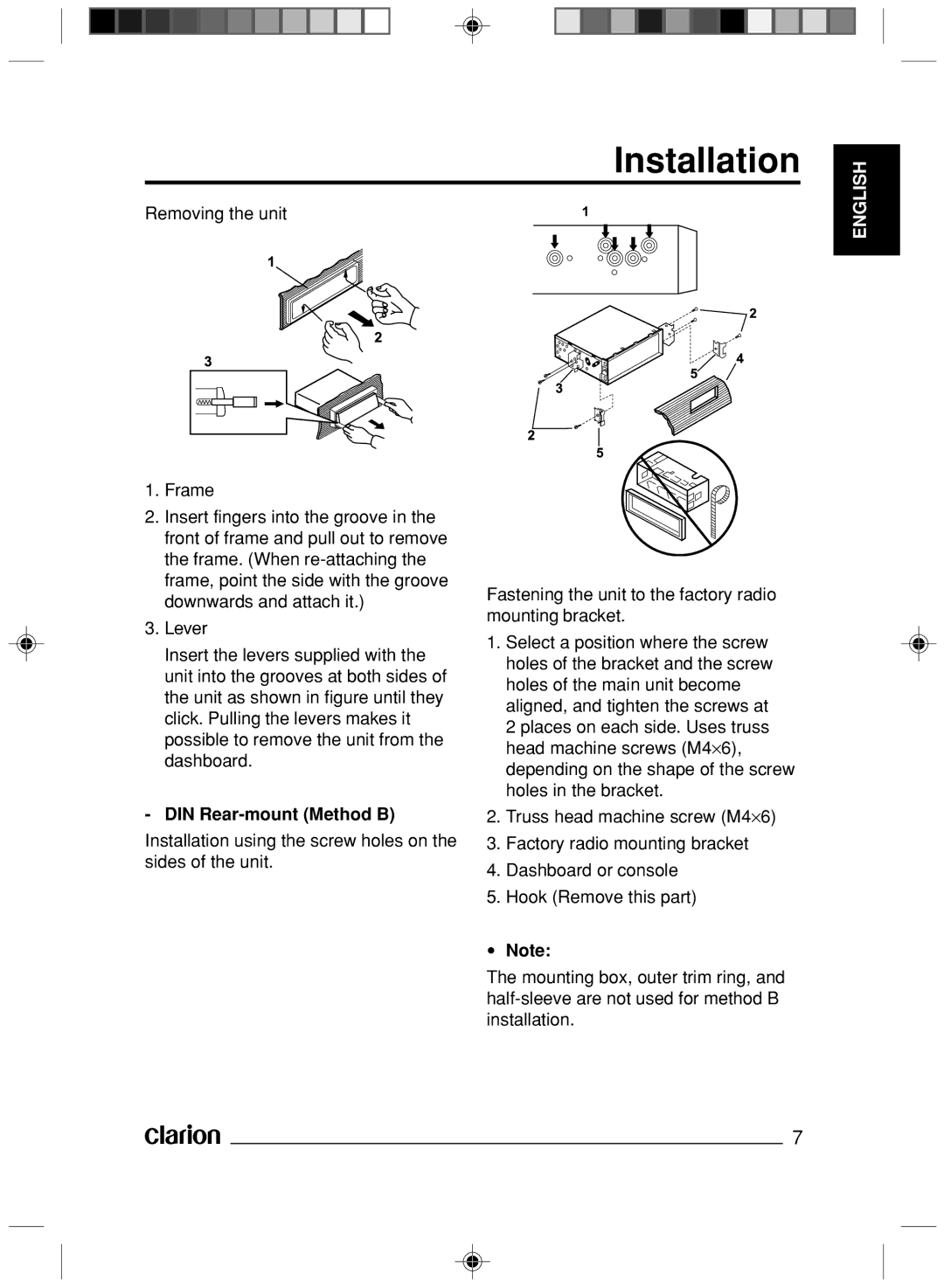 Clarion VS738 owner manual Removing the unit Frame, DIN Rear-mount Method B 