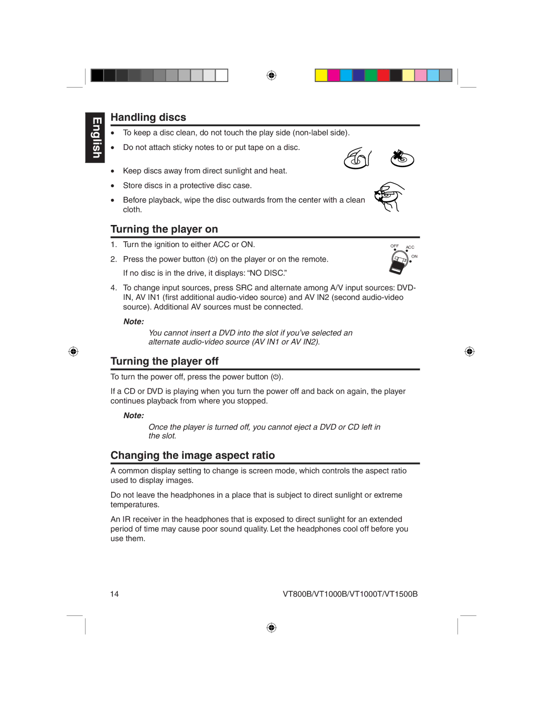 Clarion VT1000B, VT1000T Handling discs, Turning the player on, Turning the player off, Changing the image aspect ratio 