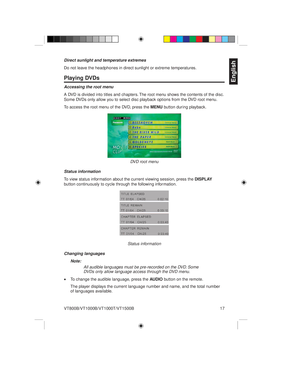 Clarion VT800B Playing DVDs, Direct sunlight and temperature extremes, Accessing the root menu, Status information 