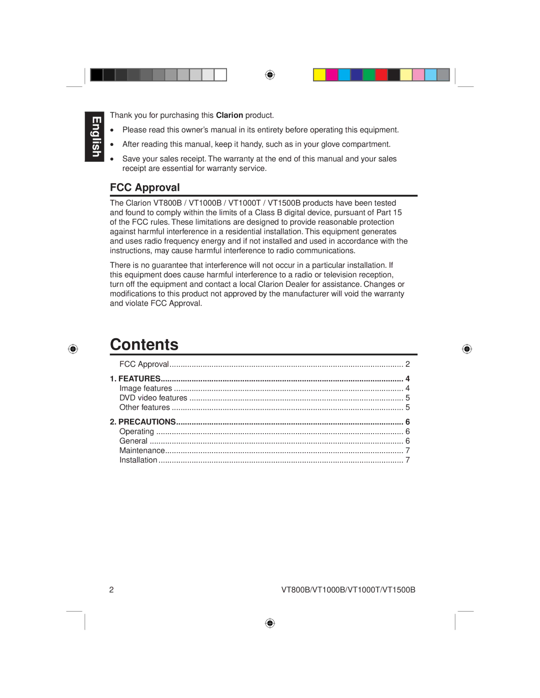 Clarion VT1000B, VT1000T, VT800B, VT1500B owner manual Contents 