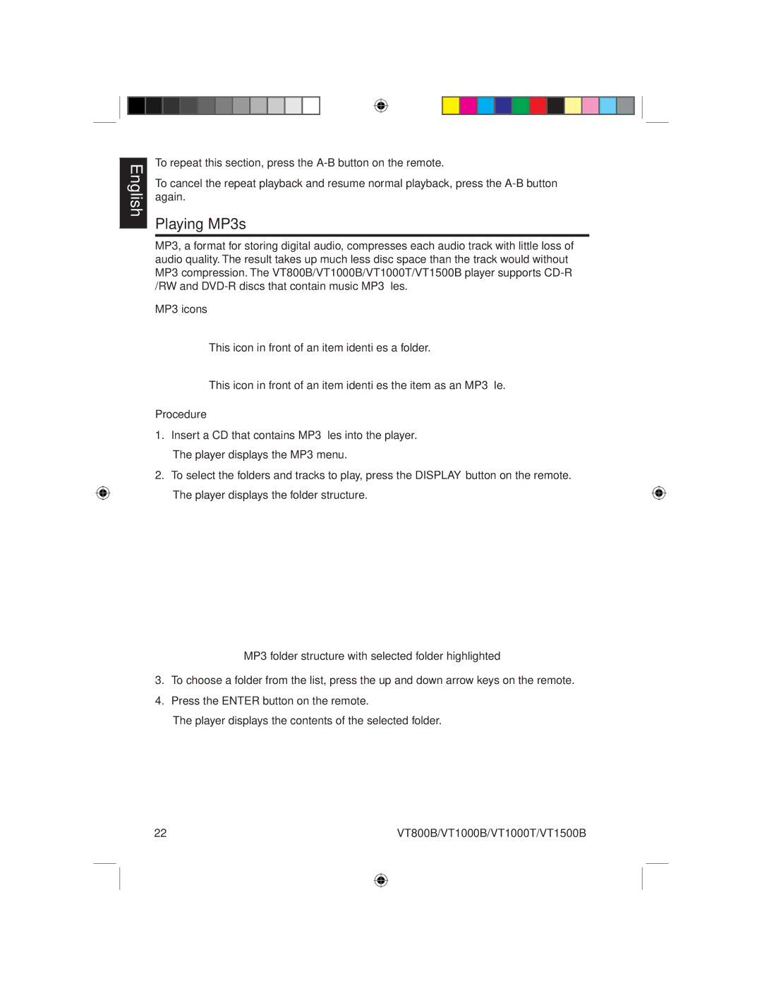 Clarion VT1000B, VT1000T, VT800B Playing MP3s, MP3 icons, Procedure, MP3 folder structure with selected folder highlighted 