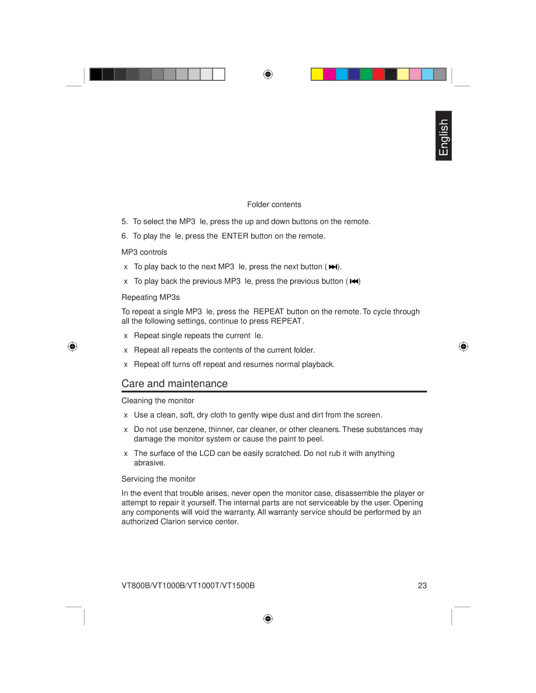 Clarion VT1500B, VT1000T Care and maintenance, MP3 controls, Repeating MP3s, Cleaning the monitor, Servicing the monitor 