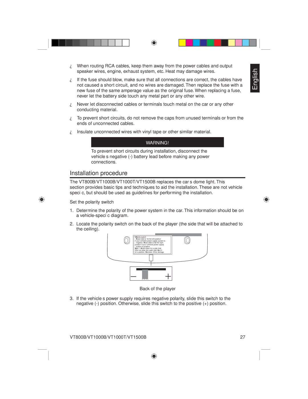 Clarion VT1500B, VT1000T, VT800B, VT1000B owner manual Installation procedure, Set the polarity switch, Back of the player 