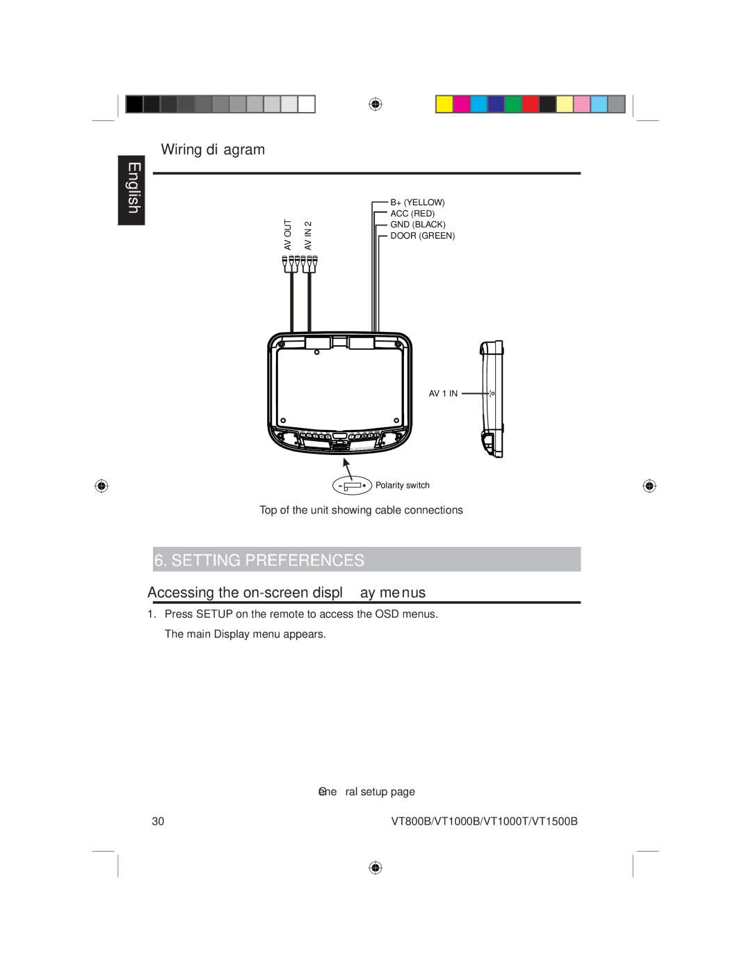 Clarion VT1000B, VT1000T, VT800B Setting Preferences, Wiring diagram, Accessing the on-screen display menus, General setup 