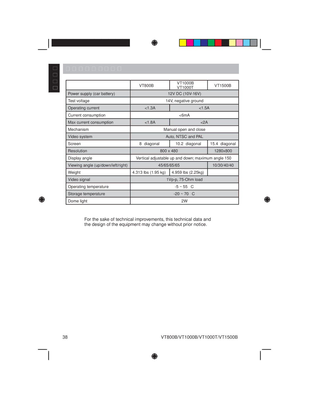 Clarion VT1000B, VT1000T, VT800B, VT1500B owner manual Specifications 