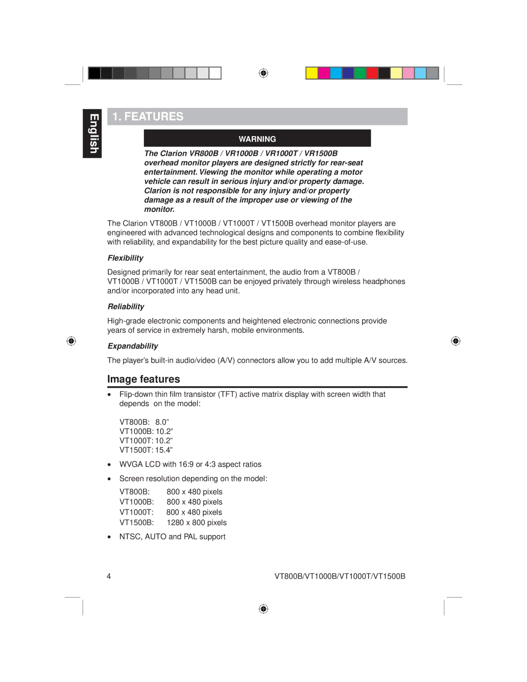 Clarion VT1000T, VT800B, VT1000B, VT1500B owner manual Features, Image features, Flexibility, Reliability, Expandability 