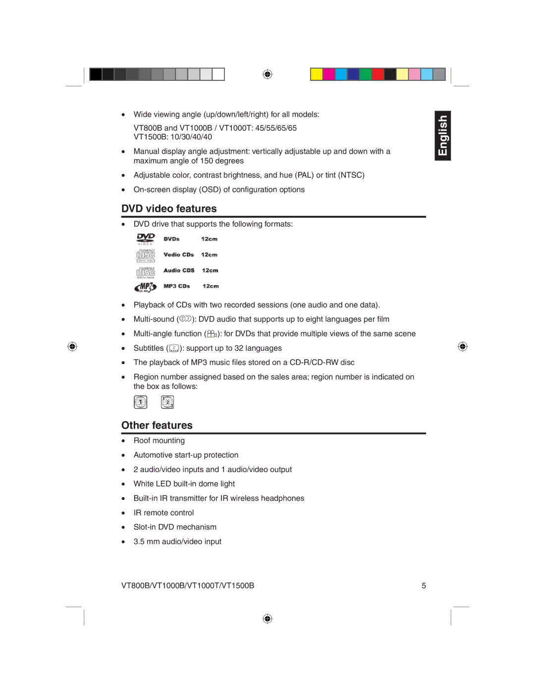 Clarion VT800B, VT1000T, VT1000B, VT1500B owner manual DVD video features, Other features 