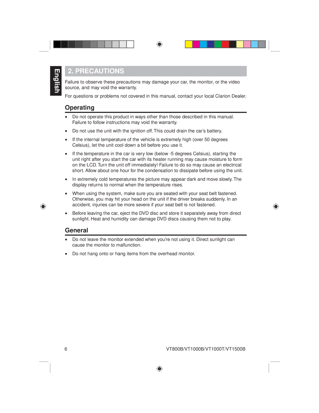 Clarion VT1000B, VT1000T, VT800B, VT1500B owner manual Precautions, Operating, General 