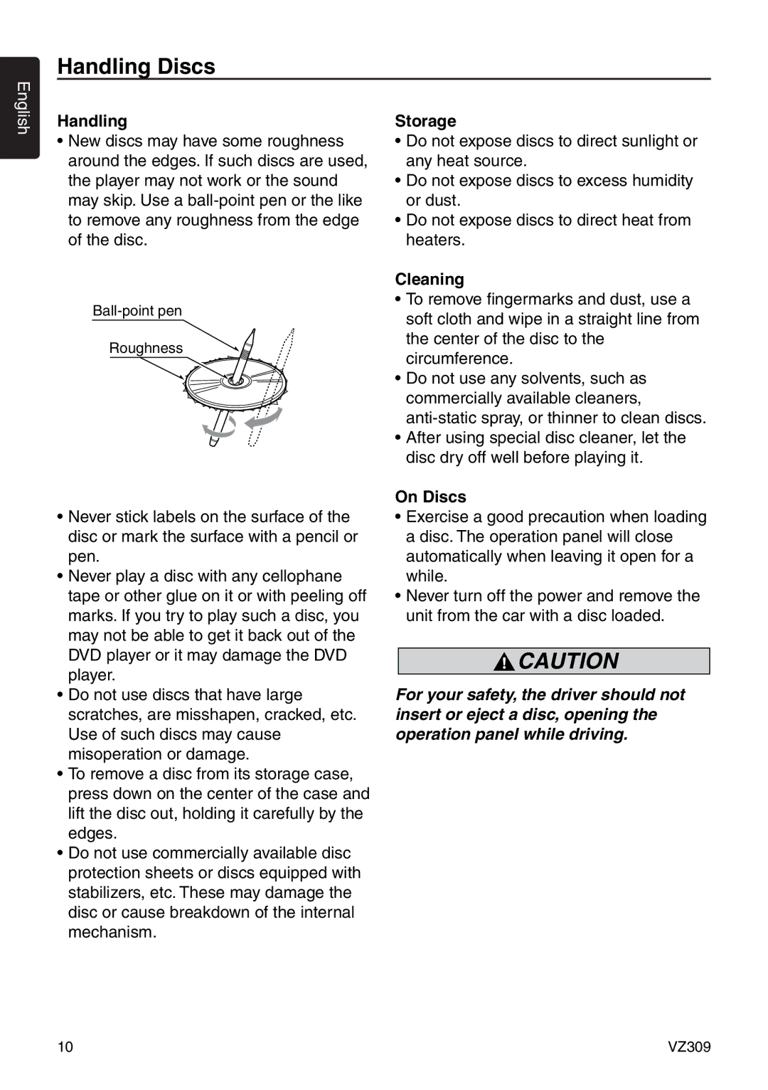 Clarion VZ309 owner manual Handling Discs, Storage, Cleaning, On Discs 