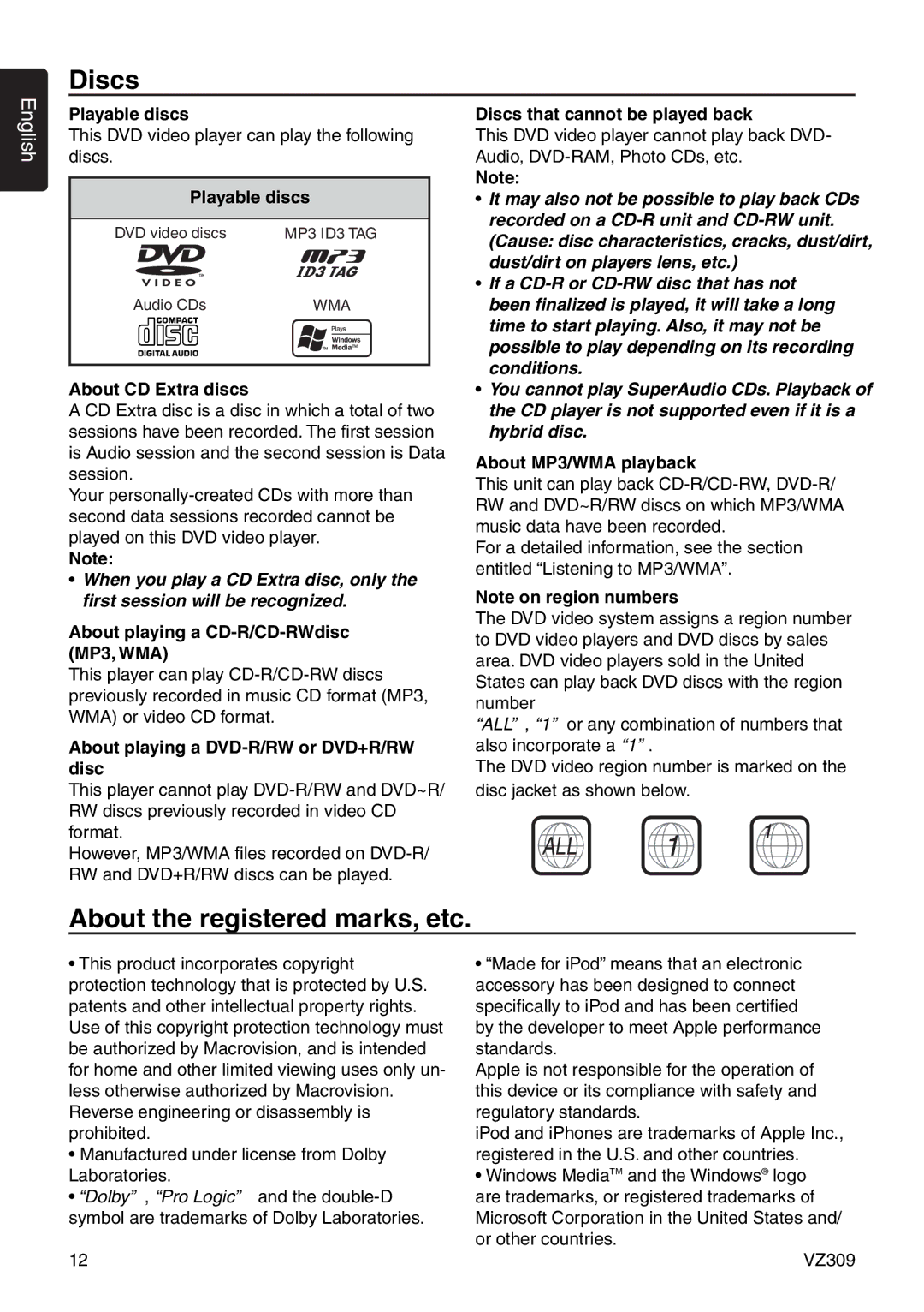 Clarion VZ309 owner manual Discs, About the registered marks, etc 