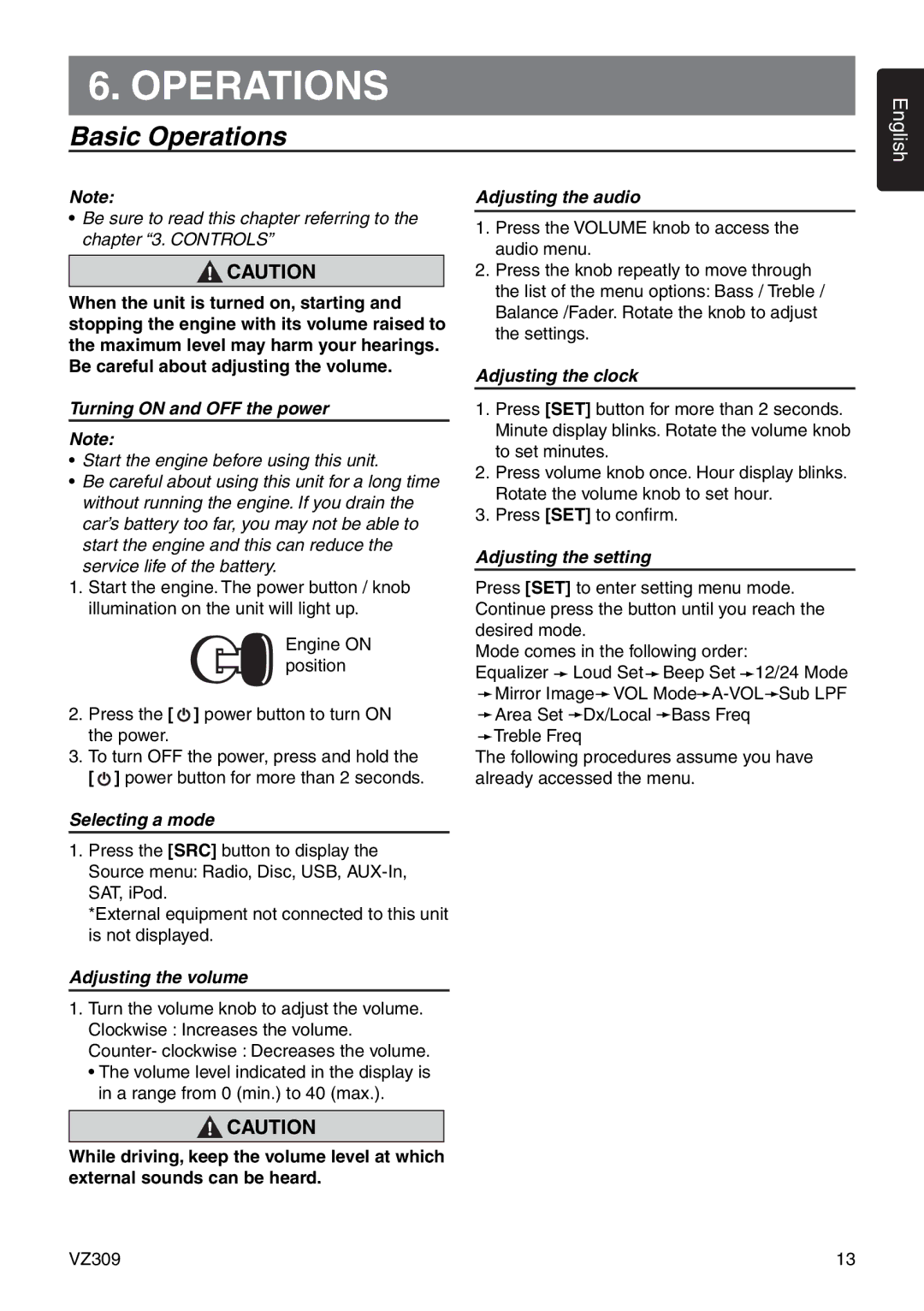 Clarion VZ309 owner manual Basic Operations 