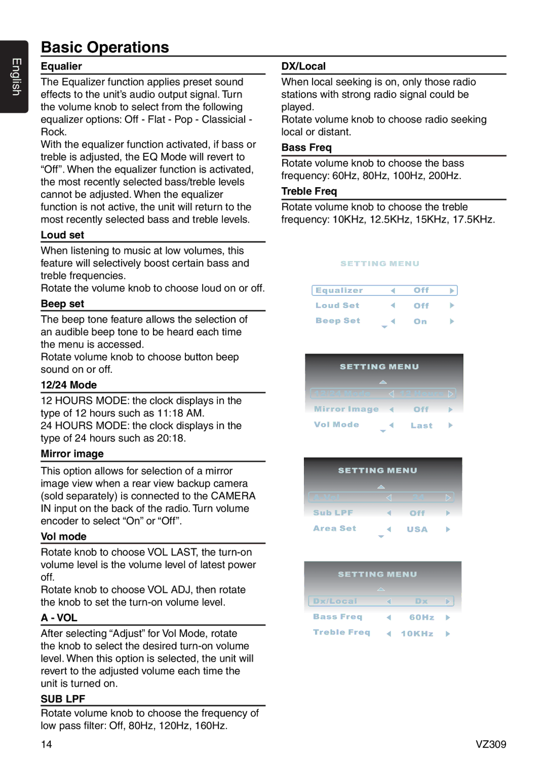 Clarion VZ309 Equalizer, Loud set, Beep set, 12/24 Mode, Mirror image DX/Local, Bass Freq, Treble Freq, Vol mode 