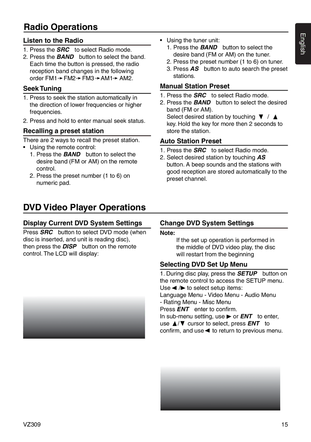 Clarion VZ309 owner manual Radio Operations, DVD Video Player Operations 