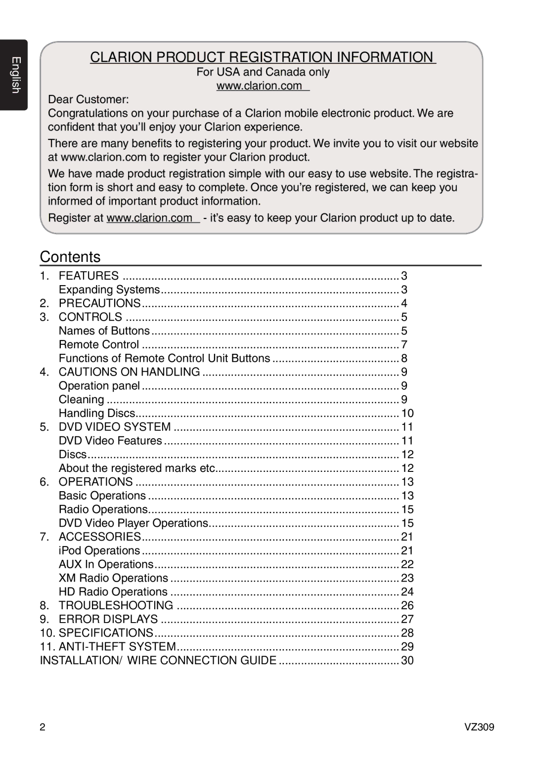 Clarion VZ309 owner manual Contents 