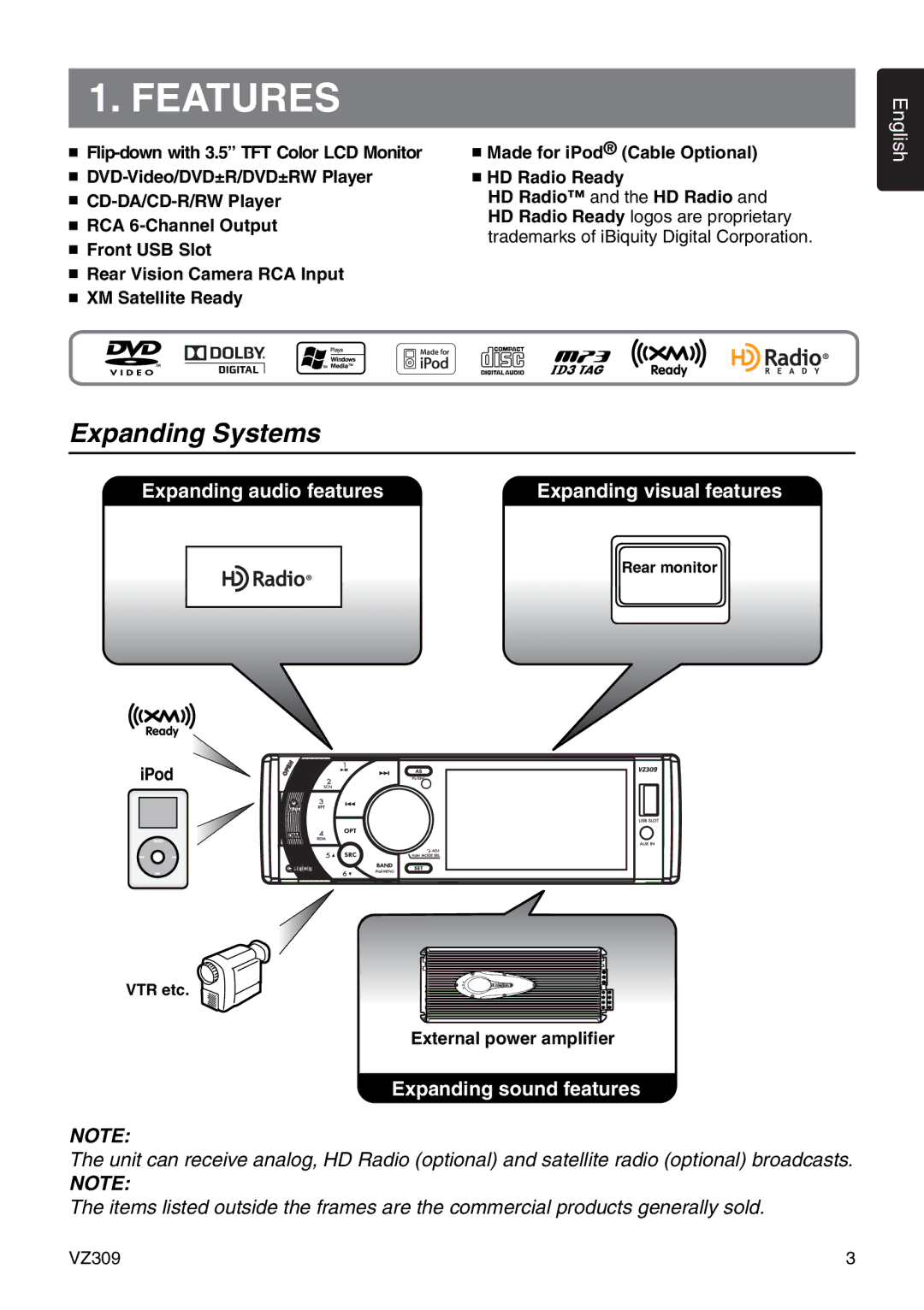 Clarion VZ309 owner manual Features, Expanding Systems, IPod, External power amplifier 