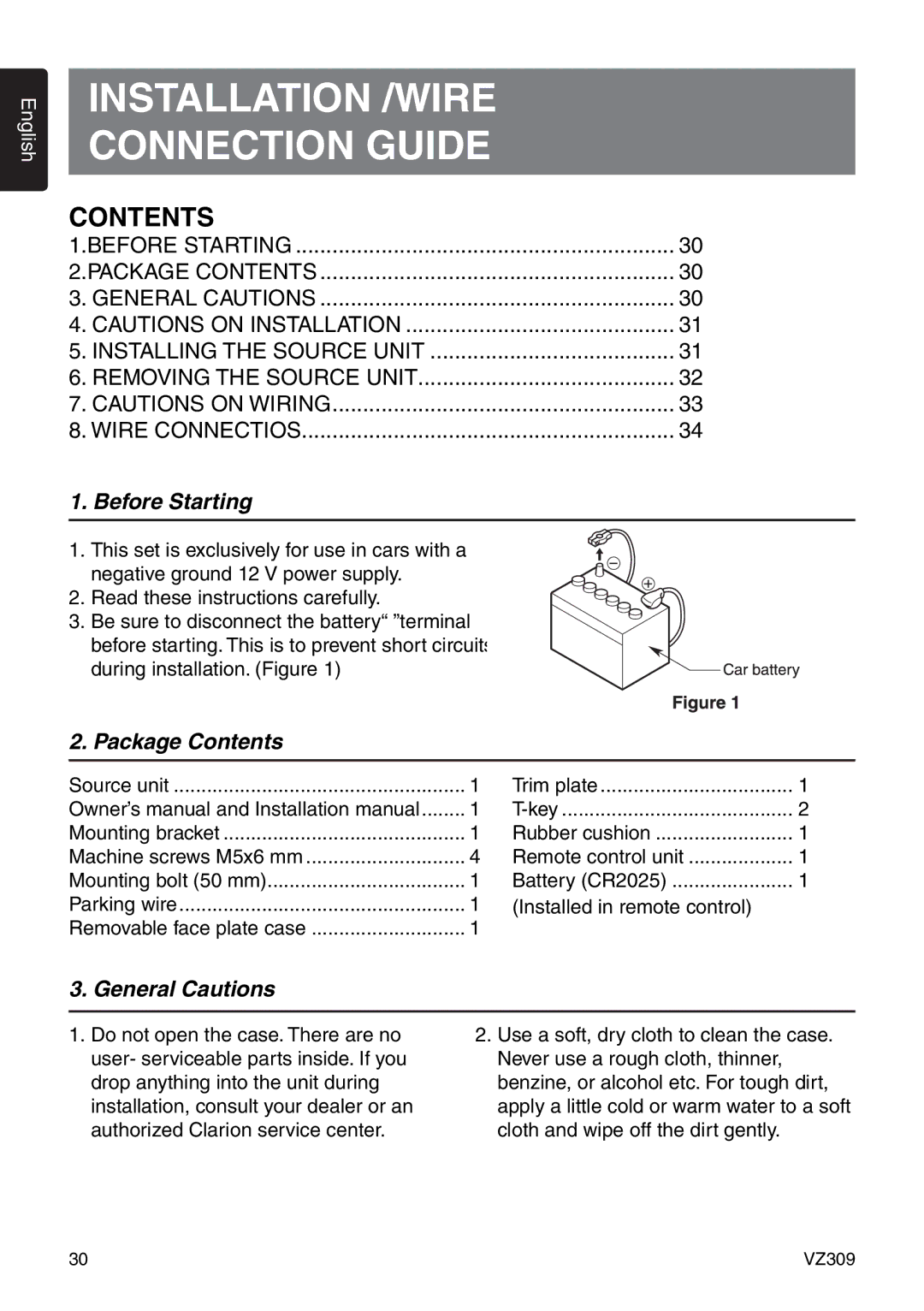 Clarion VZ309 owner manual Installation /WIRE Connection Guide, Contents 