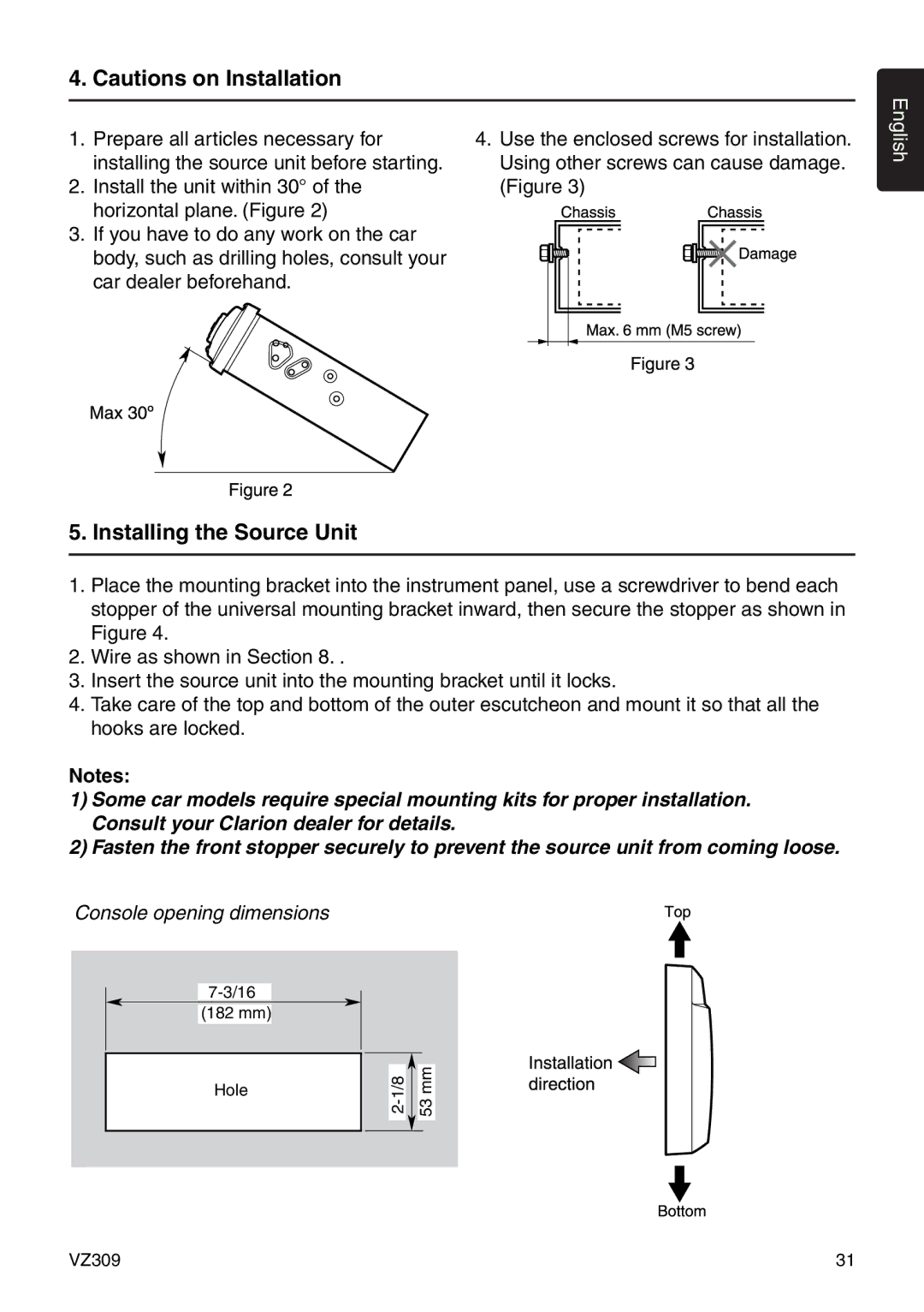 Clarion VZ309 owner manual Installing the Source Unit, Console opening dimensions 