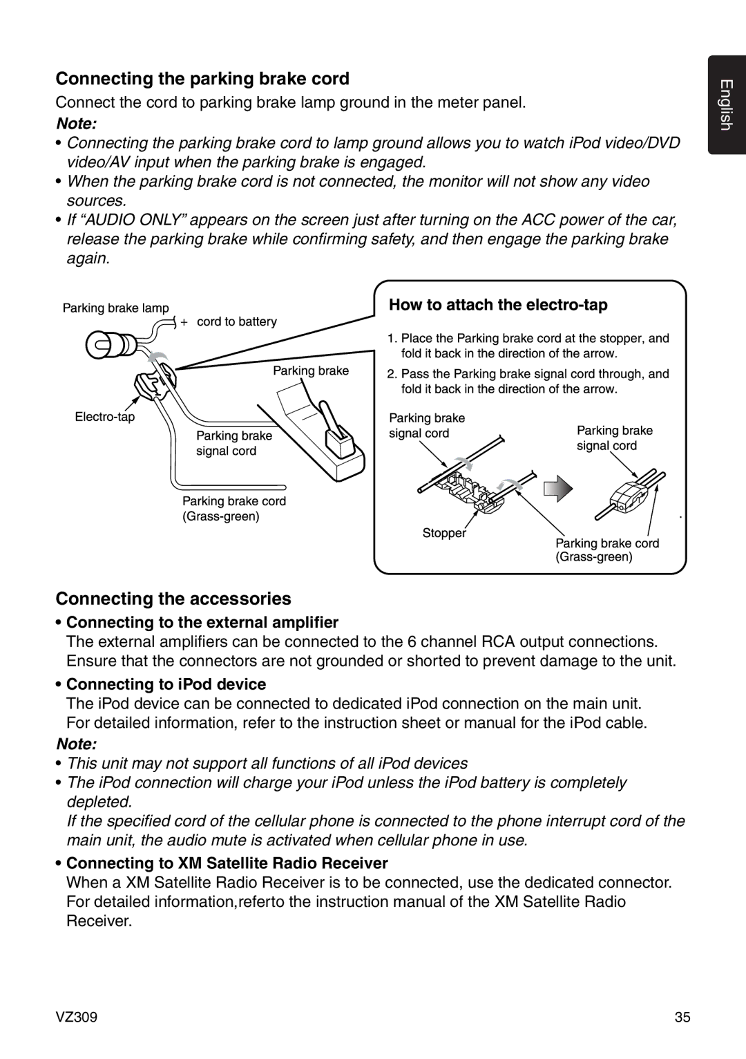 Clarion VZ309 Connecting to the external amplifier, Connecting to iPod device, Connecting to XM Satellite Radio Receiver 