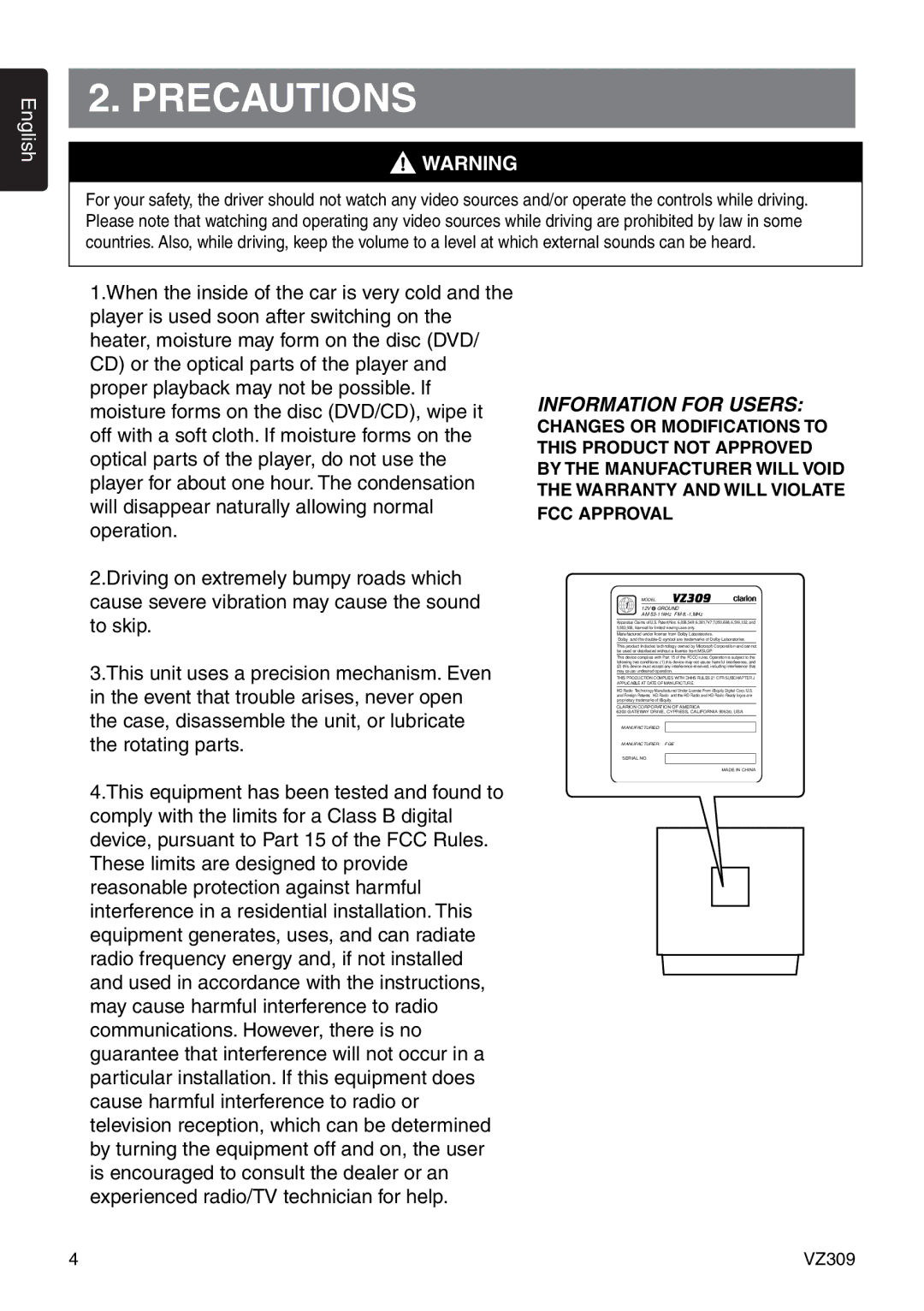 Clarion VZ309 owner manual Precautions, Information for Users 