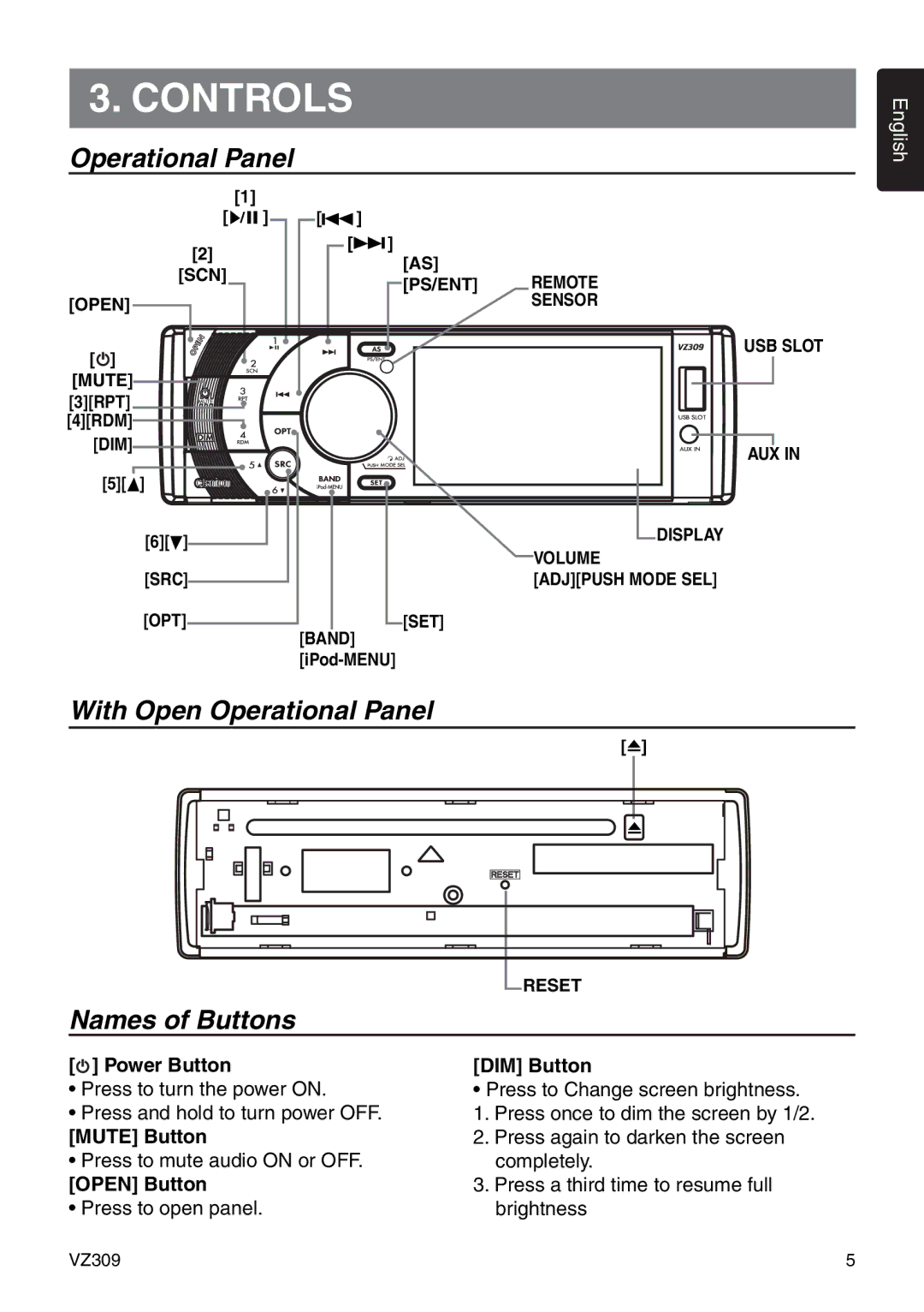 Clarion VZ309 owner manual Controls, With Open Operational Panel, Names of Buttons 