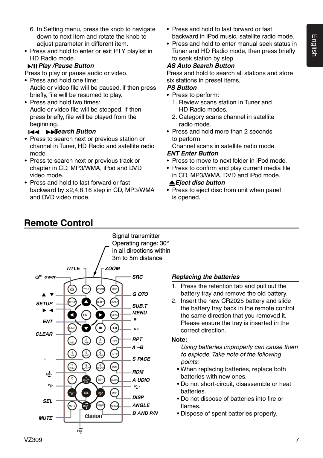 Clarion VZ309 owner manual Remote Control 