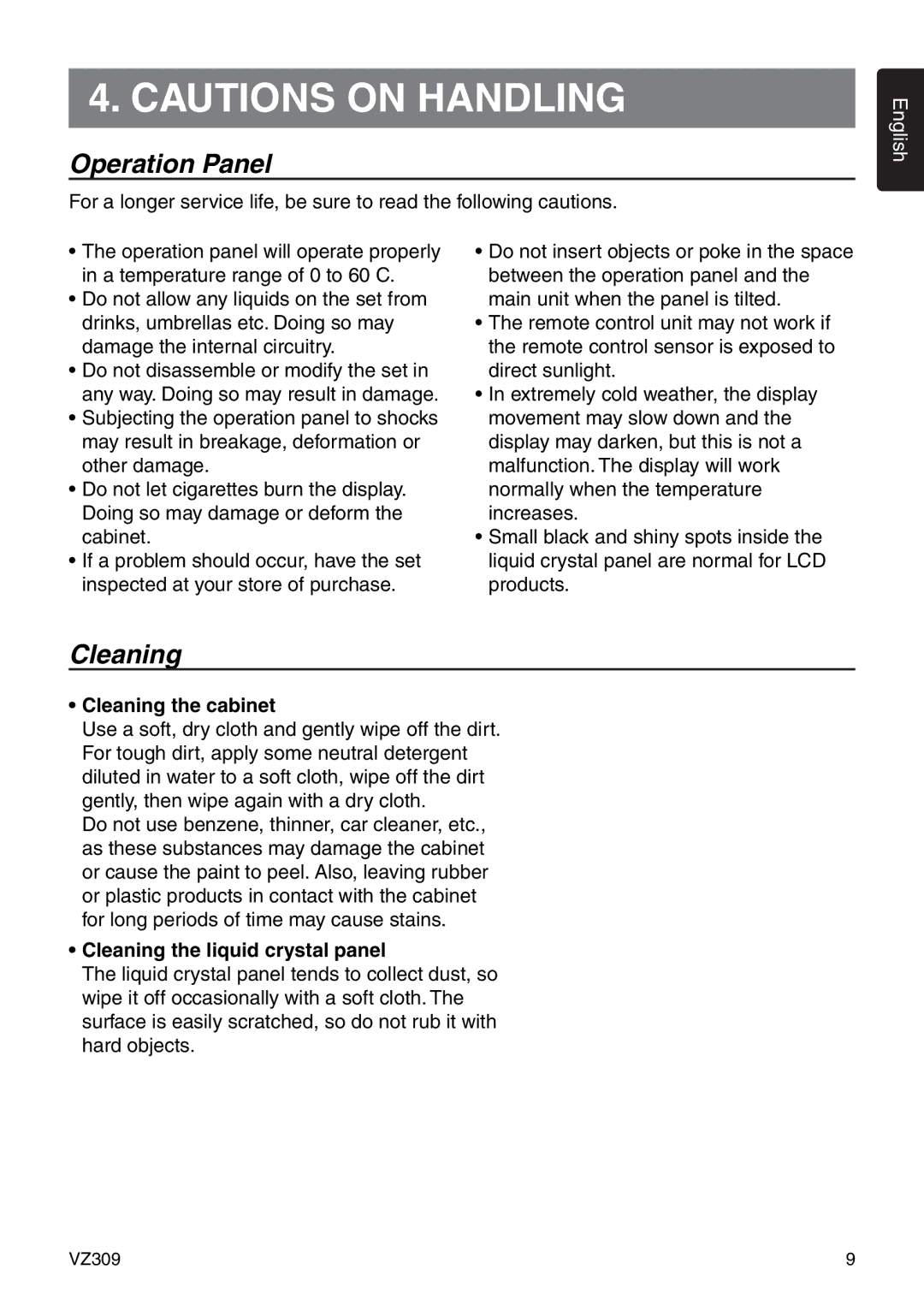 Clarion VZ309 owner manual Operation Panel, Cleaning the cabinet, Cleaning the liquid crystal panel 