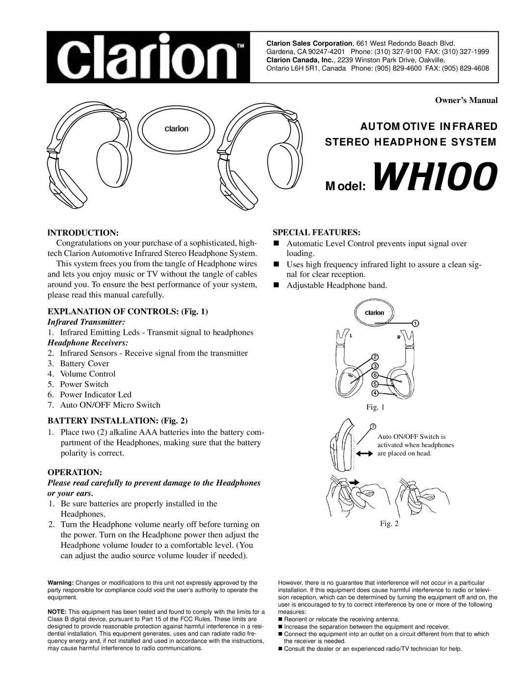 Clarion WH 100 owner manual Model WH100, Infrared Transmitter, Headphone Receivers 