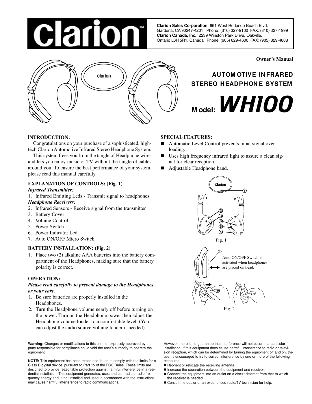 Clarion owner manual Model WH100, Automotive Infrared Stereo Headphone System, Introduction, Infrared Transmitter 