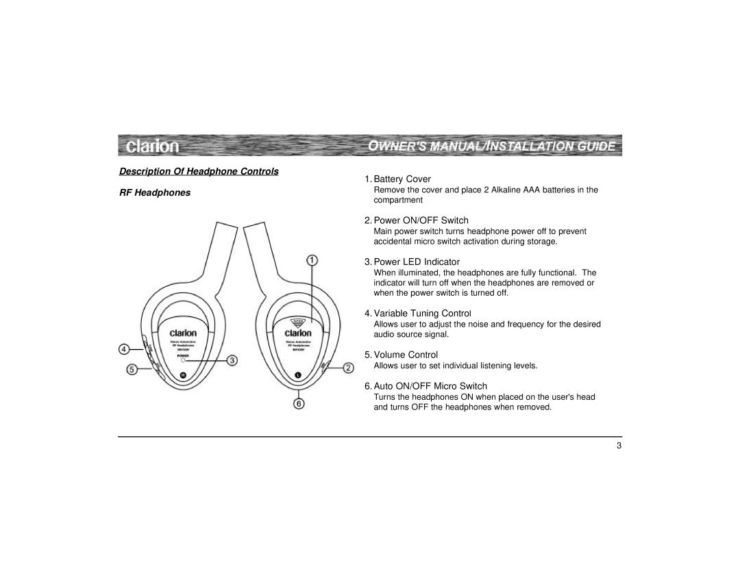 Clarion WH 105 owner manual Description Of Headphone Controls RF Headphones, Power ON/OFF Switch 