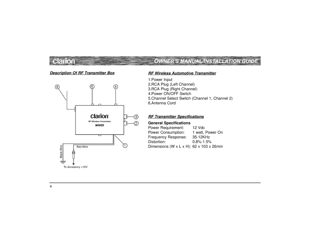 Clarion WH 105 owner manual RF Transmitter Specifications, General Specifications 