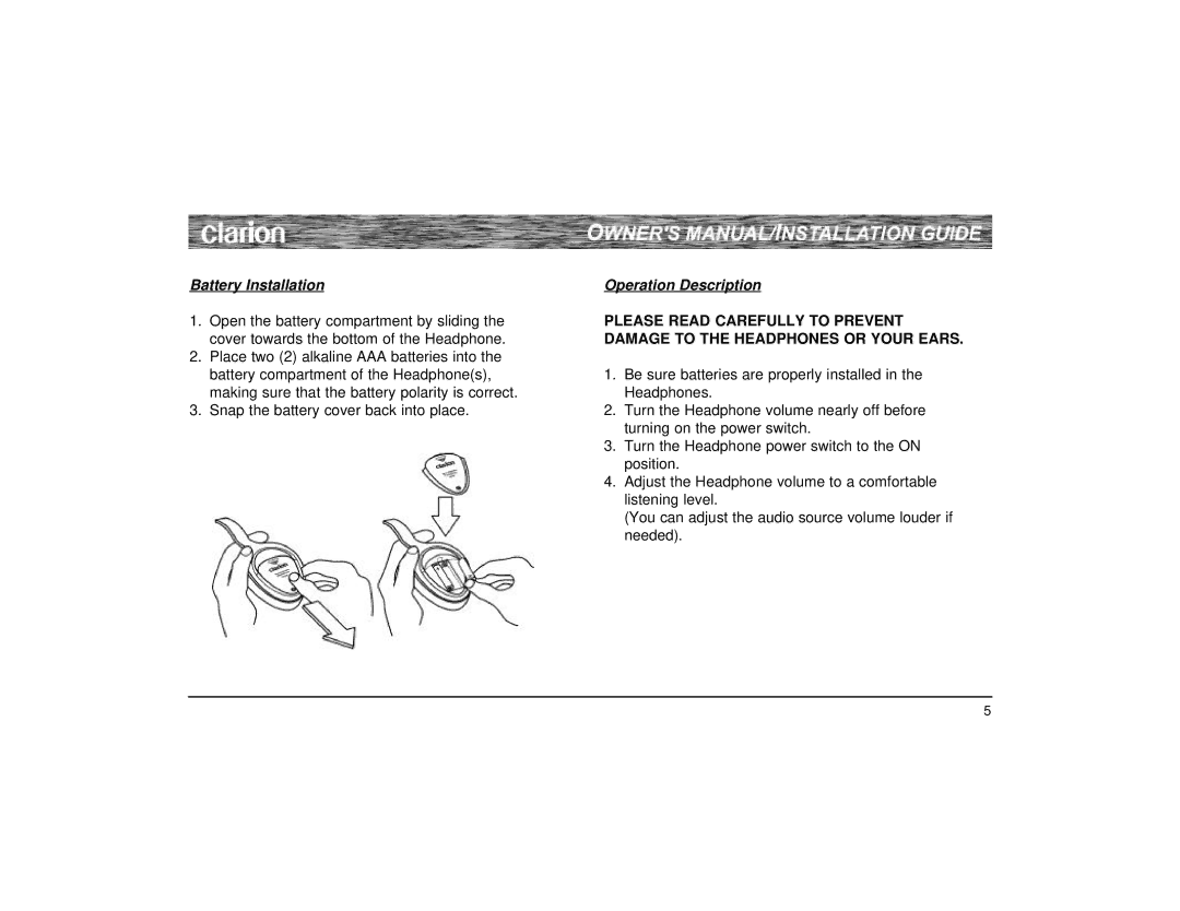 Clarion WH 105 owner manual Battery Installation, Operation Description 