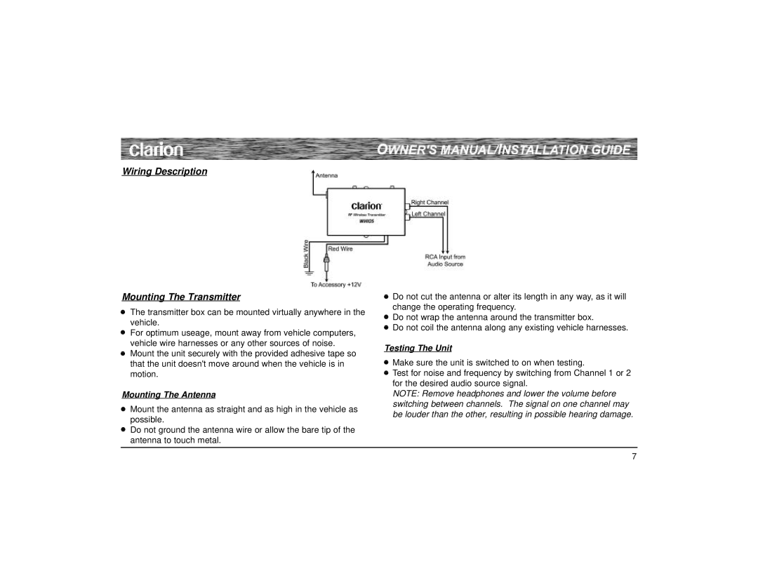 Clarion WH 105 owner manual Wiring Description Mounting The Transmitter 