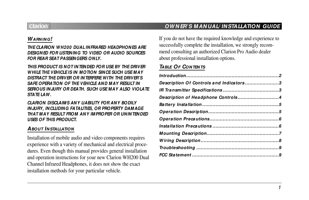 Clarion WH200 owner manual About Installation 