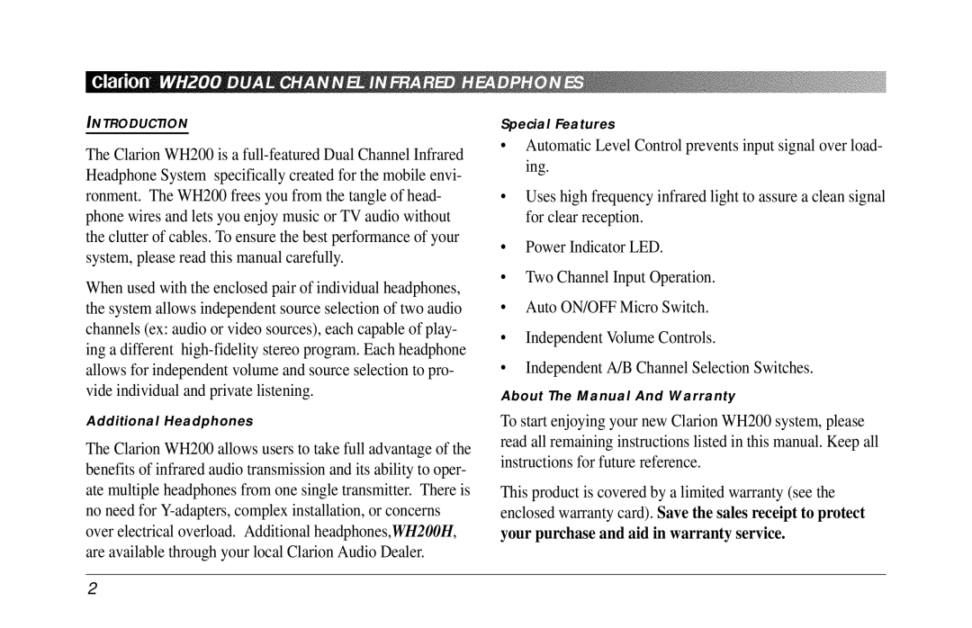 Clarion owner manual WH200 Dual Channel Infrared Headphones 