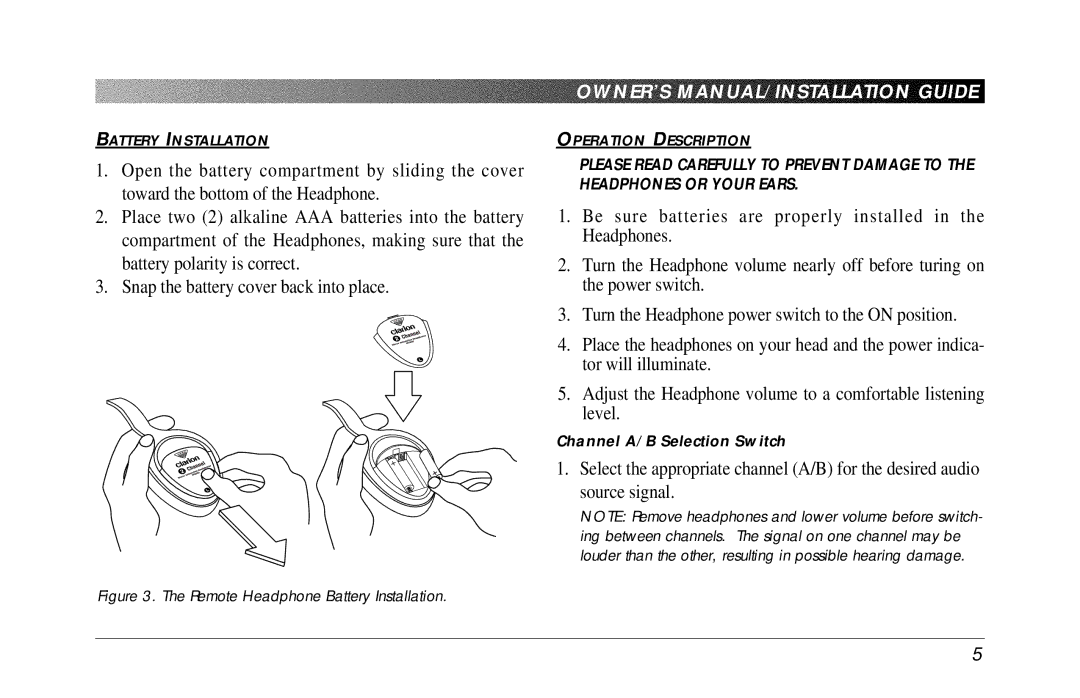 Clarion WH200 owner manual Remote Headphone Battery Installation 