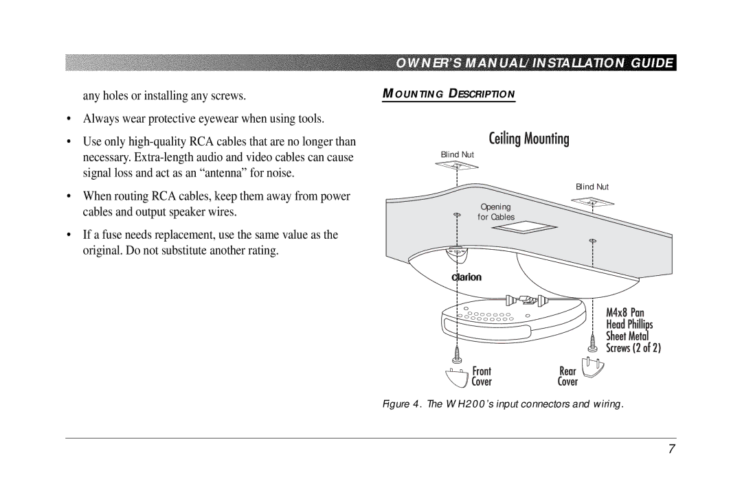 Clarion WH200 owner manual Blind Nut Opening For Cables 