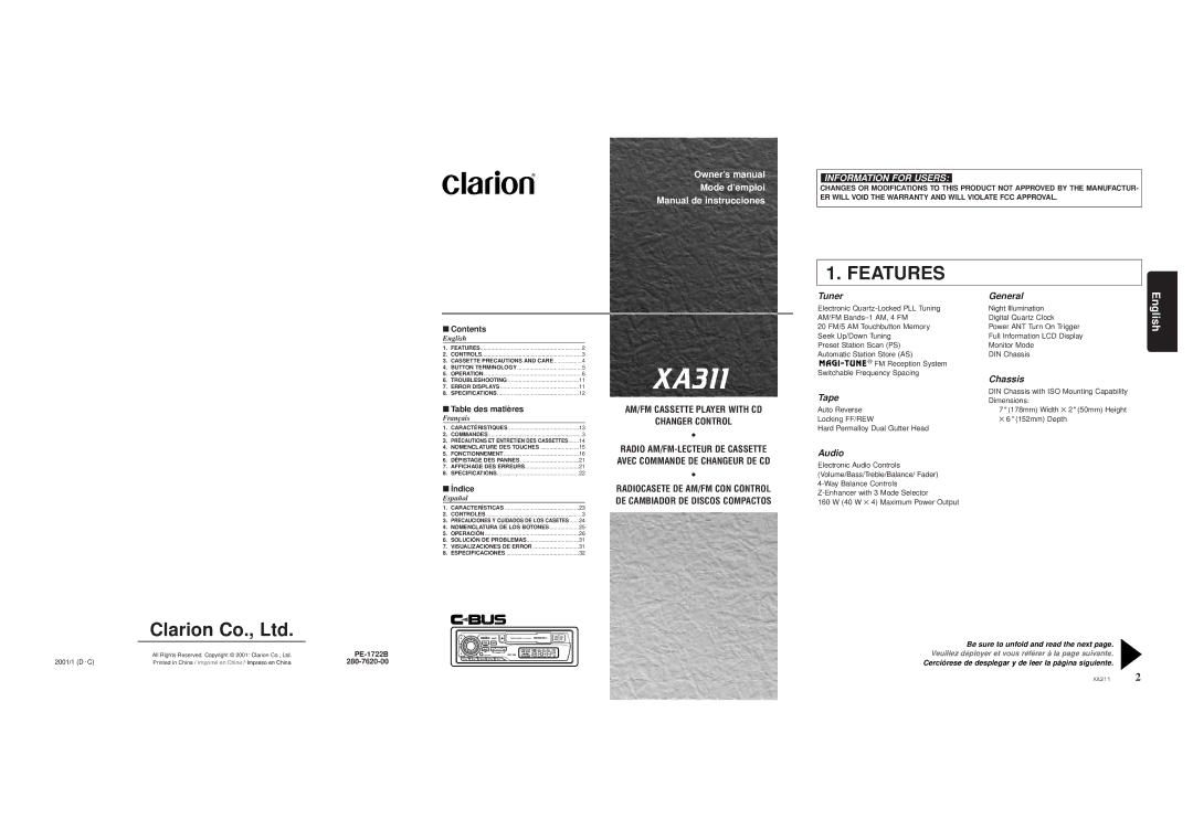 Clarion XA311 owner manual AM/FM Cassette Player with CD Changer Control, Contents 