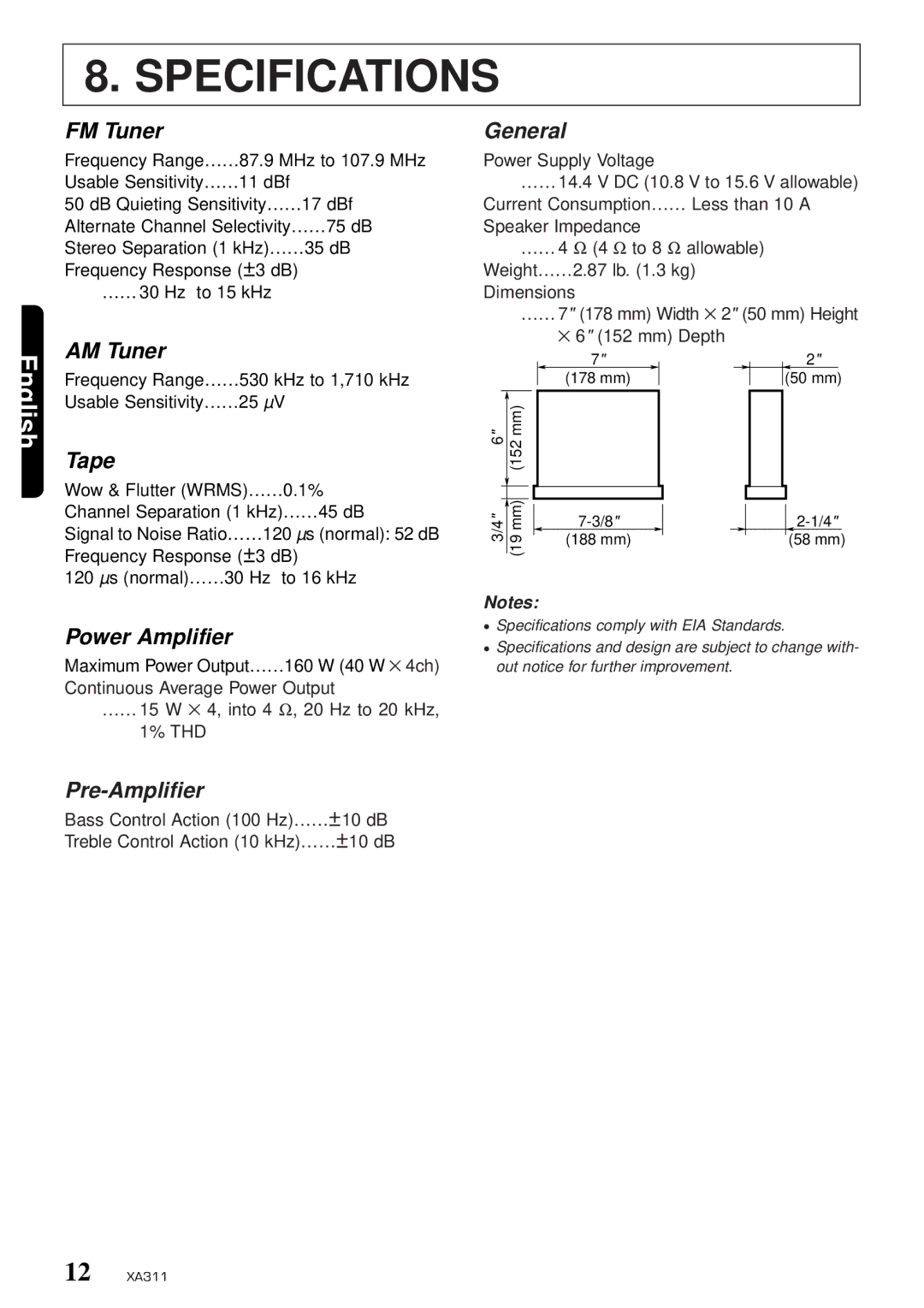 Clarion XA311 owner manual Specifications 