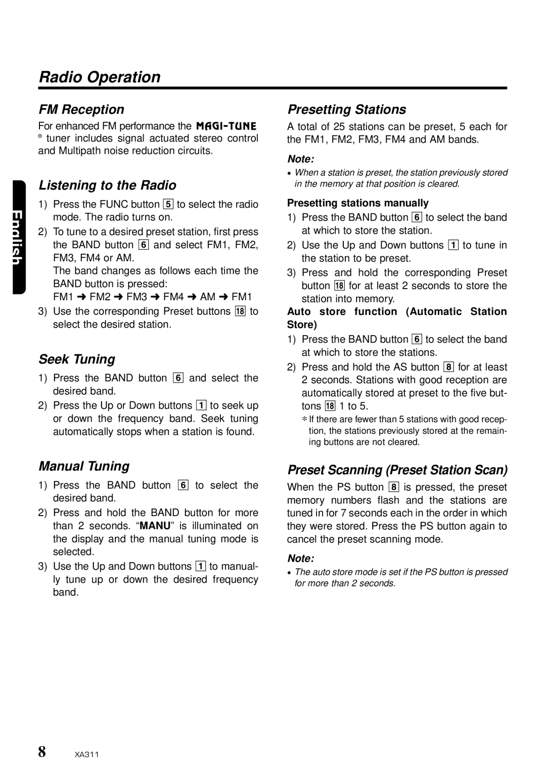 Clarion XA311 owner manual Radio Operation 