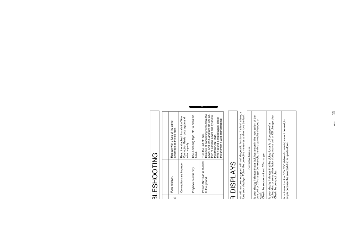 Clarion XA311 owner manual Troubleshooting, Error Displays, Problem Cause Measure, Error Display Corrective Measure 