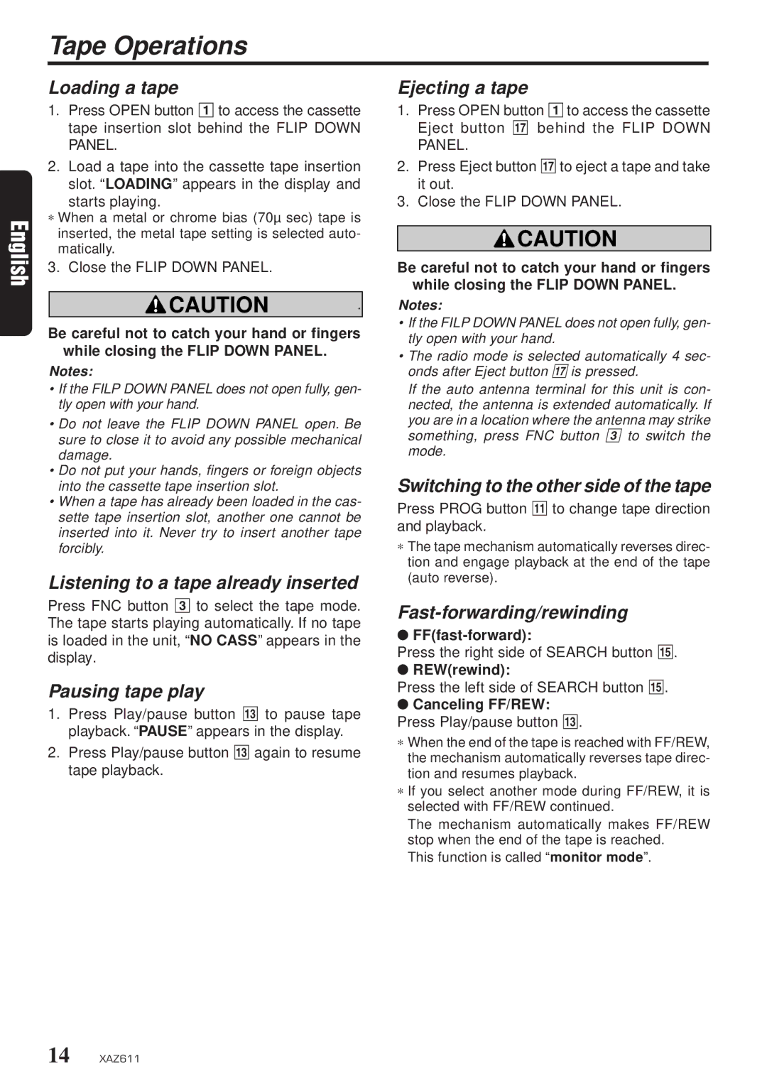 Clarion XAZ611 owner manual Tape Operations 