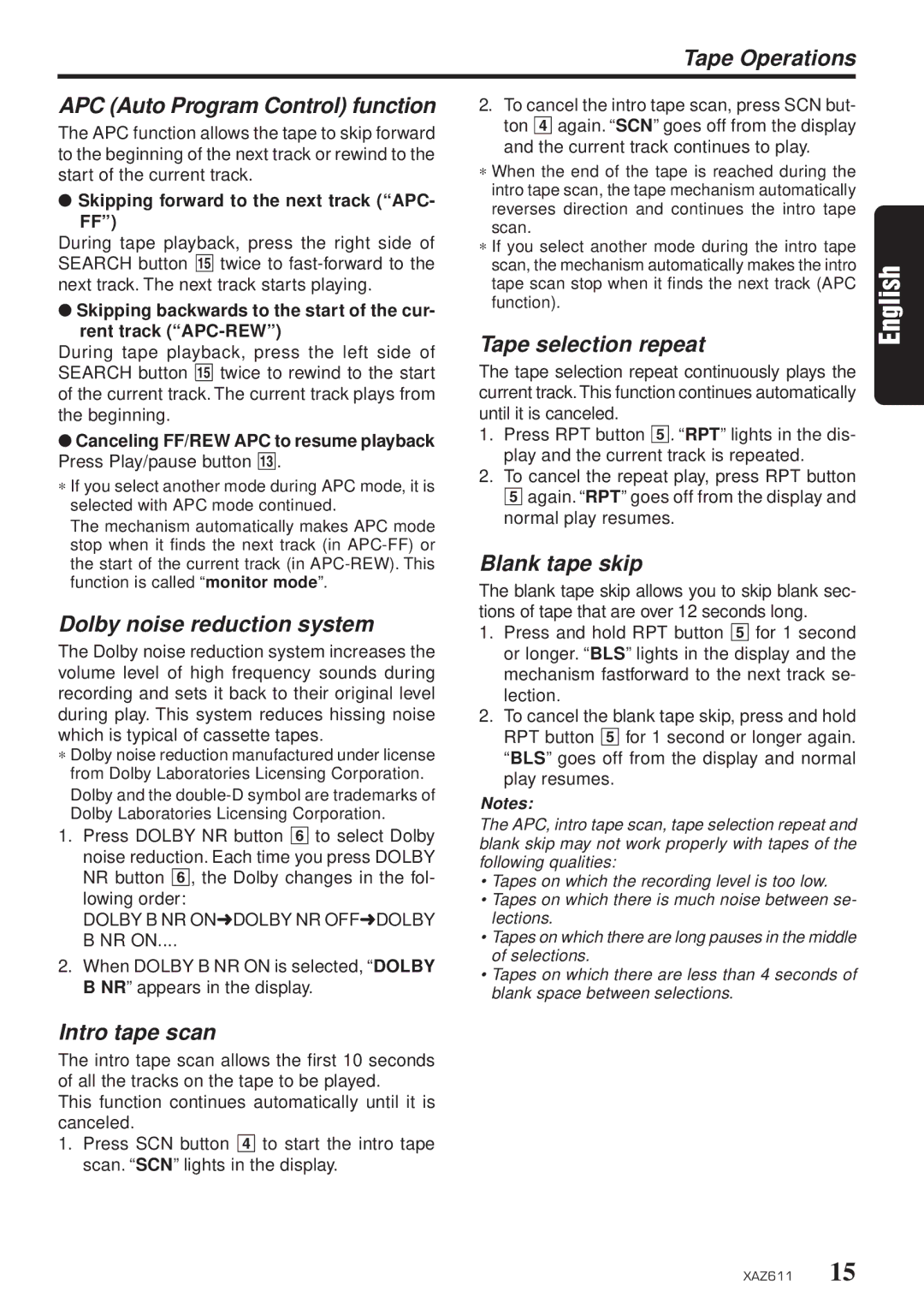 Clarion XAZ611 Tape Operations APC Auto Program Control function, Dolby noise reduction system, Tape selection repeat 