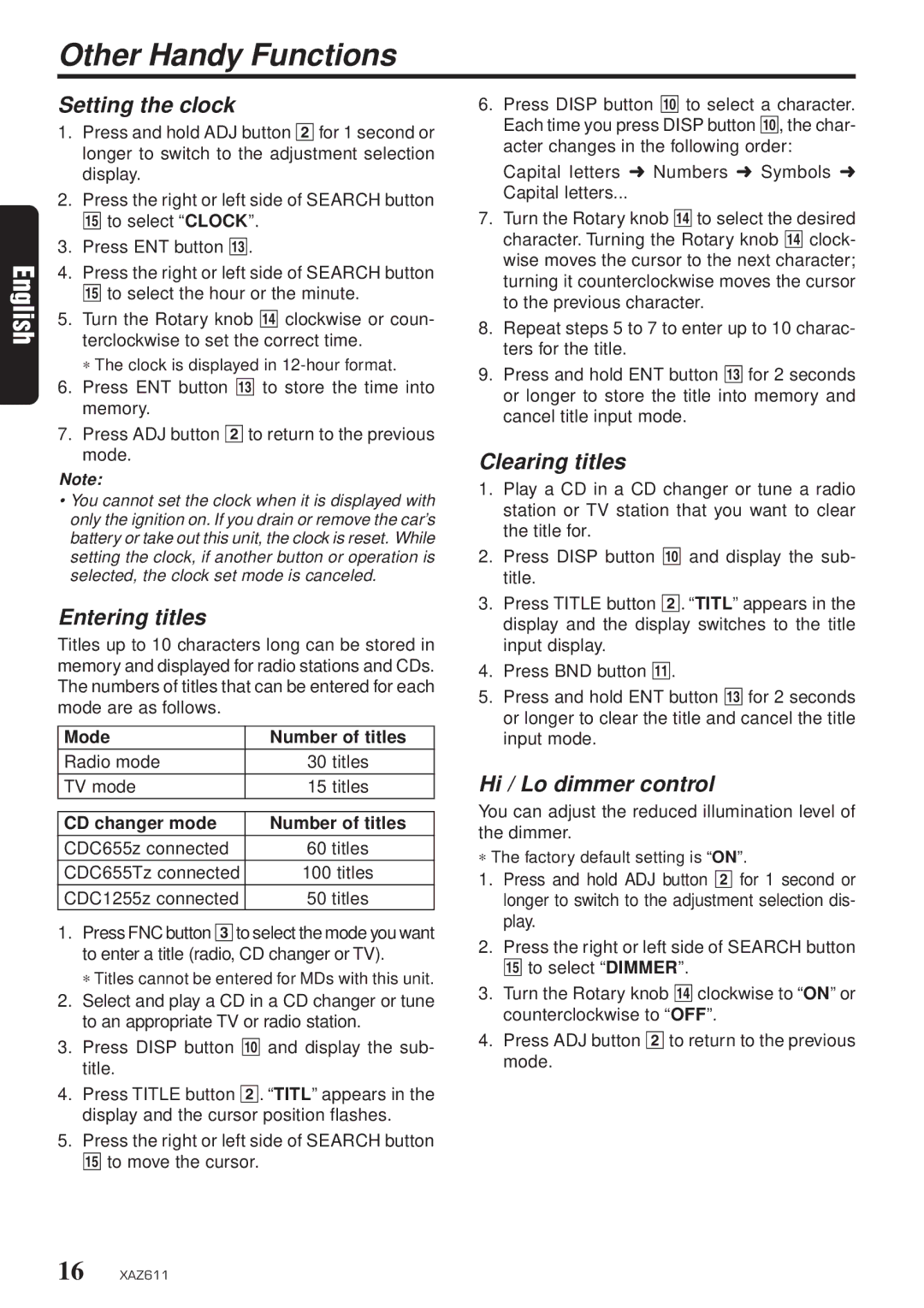 Clarion XAZ611 Other Handy Functions, Setting the clock, Entering titles, Clearing titles, Hi / Lo dimmer control 